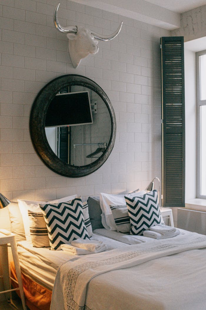Explore a tranquil, cozy bedroom featuring modern interior design and soothing decor.